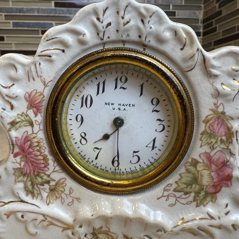 Antique 1800s New Haven Clock Co Victorian Porcelain Wind-Up Mantel Clock 6